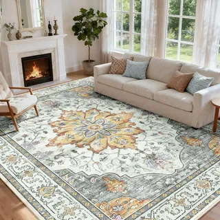INOVADAY Vintage Waschbarer Teppich Wohnzimmer 240x300 cm Boho Kurzflor rutschfest Teppich Weich Teppiche mit Druckmuster für Schlafzimmer, Esszimmer, Büro Gelb/Grau/Orange/Lila