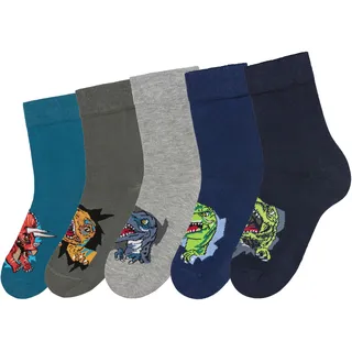 H.I.S Socken, (Packung, 5 Paar), mit Dinosauriermotiven H.I.S 1x navy, 1x petrol, 1x khaki, 1x hellgrau-melange, 1x blau 19-22