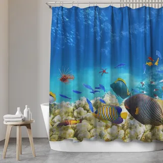 SANFINO Duschvorhang 180x200 inkl. 12 Ringe - Wasserdichter Duschvorhang mit Motiv für Badewanne und Dusche, Anti-Schimmel Duschvorhang Textil, Antibakteriell & Öko-Tex Zertifiziert - Coral Reef