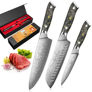 Home Safety 3er Damast Messerset - Damast Küchenmesser Set mit 12.4-20 cm Klinge - Damastmesser Set aus Kochmesser, Santokumesser und Obstmesser - Gemüsemesser Set 67 Lagen VG-10 Damaststahl