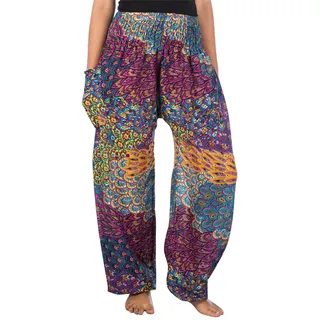 Lofbaz Damen Boho Haremshose Festival Outfit Sommerhose Leicht Yogahose Pumphose Hippie Hose Kleidung Sommer Hosen - Peacock 3 Violett XXL Große Größen
