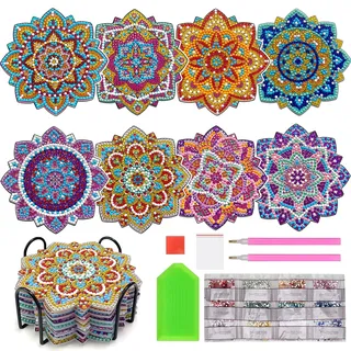 Diamond Painting Untersetzer, DINGHENG 8 STK Diamant Art Untersetzer in Blumenform mit Halter - Boho Deko Painting DIY Mandala Untersetzer Erwachsene Zubehör Set zum Basteln Für Gläser Vasen