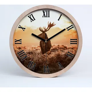 Holzuhr 20fi cm wanduhr - schwarze Spitzen - Hirsch Sonnenaufgang - Braun