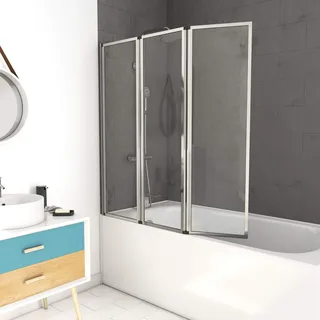 Marwell Badewannenfaltwand chrom 3-teilig 125x143 cm, Schwenkbare Duschwand für Badewanne, 4 mm Sicherheitsglas, Aluminiumprofile ohne sichtbare Verschraubungen, beidseitig montierbar