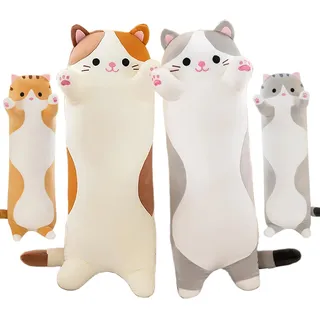 AMOZO Katzen Kuscheltiere süße Lange Katzen Plüschtiere, Niedliche Weiche Katze Stofftiere Plüsch Kissen Spielzeug für Mädchen und Kinder (Grau, 130cm)