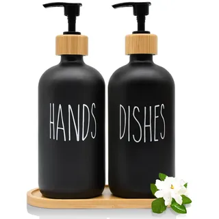 Glas Seifenspender Set, 500ml Badezimmer Schwarz Matt Handseifenspender Set mit Holz Tablett für Küche Spülmittel, Nachfüllbare Pumpspender für Küche Bad Arbeitsplatte