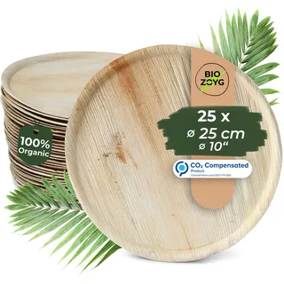 BIOZOYG Pizzateller aus Palmblatt 25 Stück Ø 25 cm rund - Pizzabrett Einweggeschirr mit Rand, Servierteller kompostierbar - Grillteller Partygeschirr nachhaltig