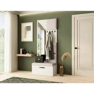Garderobe MARGARET III, Farbe: Weiß + Hellbeige, mit gepolsterten Paneelen, Spiegel und Kleiderhaken - Weiß, Beige