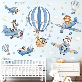 decalmile Wandtattoo Kinder Heißluftballon Blau Wandaufkleber Flugzeug Tier Giraffe Löwe Fuchs Wandsticker Kinderzimmer Babyzimmer Schlafzimmer Wanddeko