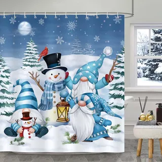 Bonhause Duschvorhang Weihnachten GNOME Schneemann Winter Kiefern Schneeflocken Duschvorhänge 180 x 180 cm Anti-Schimmel Wasserdicht Polyester Stoff Waschbar Bad Vorhäng für Badzimmer mit 12 Haken