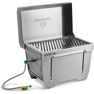 BURNHARD Camping Gasgrill JONES Jr. Edelstahl Klappgrill mit Deckel 1-Brenner 3,2 kW inkl. Transporttasche mit Rucksackfunktion und Multitool, Faltgrill ideal für Camping
