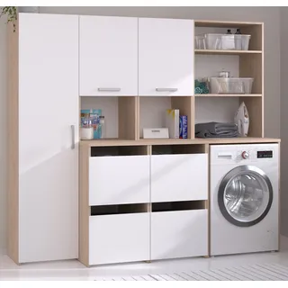 Waschmaschinenschrank "Laundry" weiß und Eiche Schrank-Set 3-teilig 204 cm - Weiß, Naturbelassen