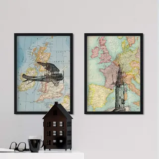 Nacnic Vintage Landkarten Poster 2-er Set. Vintage Stil Wanddekoration Abbildung von Welt, Transport und Reisen. Verschiedene bunte Bilder ohne Rahmen. Größe A4.
