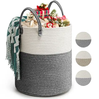 Rieeyrslza Wäschekorb für Decken 39L Geflochten Wäschesammler Baumwolle Seil Korb Faltbare Vielseitiger Aufbewahrungskorb mit Henkel Geeignet für Wohnzimmer und Schlafzimmer (Dunkelgrau)