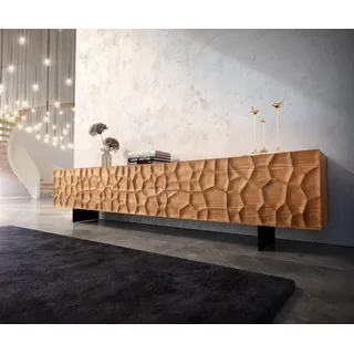 DELIFE Lowboard Solu 260 cm Akazie Natur 2 Türen 6 Schübe Fuß schwebend Metall Schwarz 3D-Front - Braun