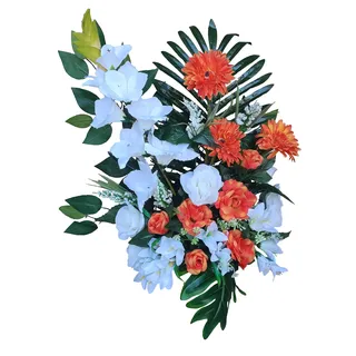 DRW Künstliche Blumenvase Friedhof, Heiligen, Jubiläen, Orange und Weiß zum direkten Anbringen in die Aussparung 70 cm hoch x 49 cm breit x 30 cm tief