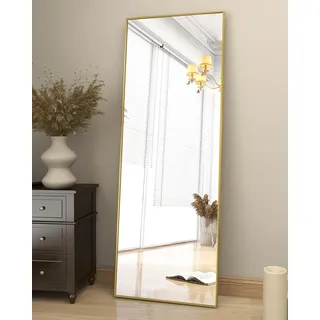 Koonmi Standspiegel 163 x 53 cm, Ganzkörperspiegel Gold | Minimalistischer Aluminiumrahmen, frei stehend oder hängend, großer Wandspiegel für Wohnzimmer und Schlafzimmer