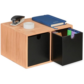 Relaxdays Schreibtisch Organizer, Bambus Schubladenbox, 2 Fächer, HBT: 14,5x24,5x20 cm, Schreibtischbox, Natur/schwarz, 5 x 24,5 x 20 cm