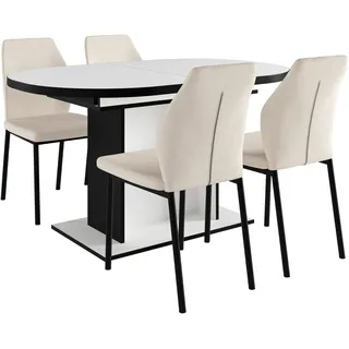 OTTO home »Basel, Tischgruppe mit 4 Stühlen, Esstisch ausziehbar 140 - 180 cm« weiß (weiß, creme), Webstoff, Auszugsplatte, Sitzmöbel-Sets, Essgruppe, BESTSELLER, Sitzgruppe, Tisch, Stühle, ovale Tischplatte, Säulentisch,