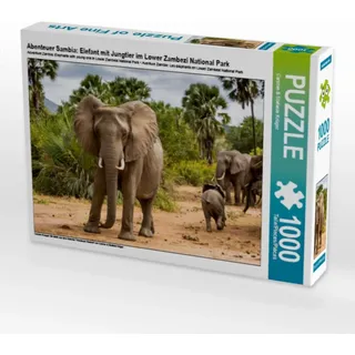 CALVENDO Puzzle Abenteuer Sambia: Elefant mit Jungtier im Lower Zambezi National Park 1000 Teile Puzzle quer | Lege-Größe cm Foto-Puzzle für glückliche Stunden