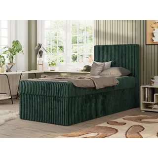 MKS MEBLE Jugendbett TILIO, Einzelbett mit Stauraum, Cordstoff, Boxspringbett 90x200 mit 7-Zonen-Taschenfederkern H4 - Dunkelgrün Cord - Rechts Seite - dunkelgrün
