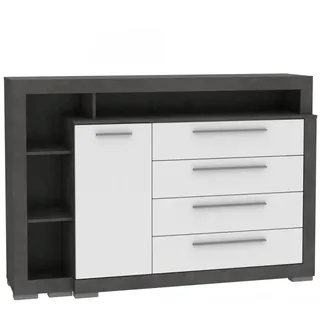 Furniture24 Kommode Julietta CRMK25L, Schlafzimmer, Sideboard mit 4 Schubkästen und Tür Beton dunkelgrau/Weiß Hochglanz - Schwarz