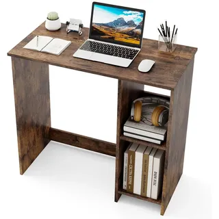 Costway 80 x 40 x 74 cm Kleiner Schreibtisch, Computertisch Holz mit 2 Fächern, PC-Tisch, Bürotisch für kleine Räume, für Zuhause und Büro, Braun - Braun