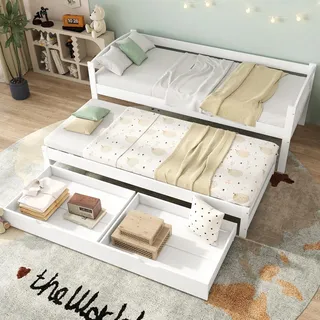 Ball & Cast Einzelbett (90x200cm&90x190cm) Tagesbett mit 2 Schubladen, Futonbett mit Rollen am Boden, Massivholzrahmen, Weiß