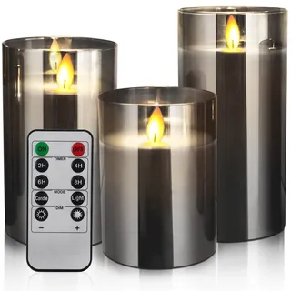 Led Kerzen Weiß, 3 Stücke 10-15CM mit Timerfunktion, Draussen Led Kerzen Flackernde Flamme mit Glas, Bewegliche Flamme Powered by Battery (Grau)