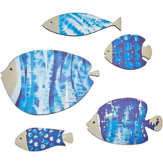 CREATCABIN 5 Stück Wanddekoration Holz Mit Fischen Nautische Stranddekoration Hölzerne Küsten/Ozean Wandkunst Dekor Vintage Dodger Blaufisch Skulpturen Aufhängen An Der Wand Ornamente Mit Aufklebern