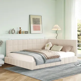 Flieks Polsterbett 140x200cm mit Lattenrost, Tagesbett Schlafsofa mit Verstellbarem Rückenlehne, Doppelbett Gästebett Daybett Jugendbett, Samt, Beige - Beige