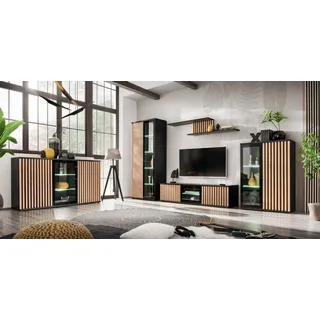 Wohnwand Cameron ZHJ SET mit Lamellen Led Beleuchtung und Push - Click System - Hickory Jackson, Schwarz - ~ 340 cm X 192 cm X 45 cm