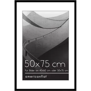 Americanflat 50x75 cm Bilderrahmen aus Kunststoff mit 40x60 cm Passepartout - schmaler 75x50 Fotorahmen mit poliertem Plexi-Scheibe - integrierte Aufhängung für Hoch- und Querformat - Schwarz