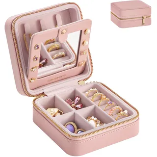 SONGMICS GISELLA Kollektion - Schmuckkästchen Reise mit Spiegel, 11,4 x 11,4 x 5,5 cm, Schmuckkasten klein, PU-Bezug, Schmuckaufbewahrung für Frauen, tragbar, Geschenkidee, pastellrosa JBC146S01