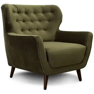 CAVADORE Sessel Abby / Retro-Polstersessel im Samt-Look mit Knopfverzierung / 87 x 89 x 88 / Samtoptik, grün
