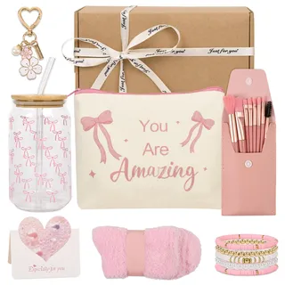 Kococaty Geschenke für Mädchen Teenager 8 9 10 11 12 13 14 15, Einschulung Geschenk mit Trinkglas Strohhalm und Deckel,Schminkpinsel Schlüsselanhänger, Kosmetiktasche Armband