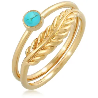 Ring-Set ELLI "Ring Feder Howlith Türkis Boho 2er Set 925 Silber" Gr. 52, gold, Fingerringe, Damen, 52,mit Stein, Silber 925 (Sterlingsilber), 5mm, Ring-Set