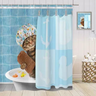 ASDCXZ Lustiger Duschvorhang, 180 x 200 cm, Blau, lustige Katze, Badewanne, Duschvorhänge für Kinder, waschbarer Stoff, wasserdicht, Duschvorhang mit 12 Haken