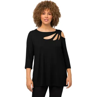 Ulla Popken Damen große Größen Übergrößen Plus Size Shirt, Cut-Outs, A-Linie, U-Boot-Ausschnitt, 3/4-Arm schwarz 54+ 805091100-54+