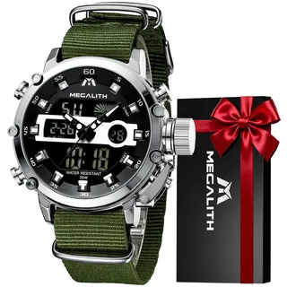 MEGALITH Herrenuhr Militär Digitaluhr Sportlich - Armbanduhr Herren Groß Wasserdicht LED Uhren fur Männer Grünes Nylon Stoppuhr Wecker Kalender