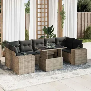 KKHOMEI PolyRattan Ecklounge Gartenmöbel Essgruppe Tisch mit Verstellbare Gartentisch Gartenlounge mit Stauraum Dining Polyrattan Gartenmöbel Set Grau 8-TLG Type-108