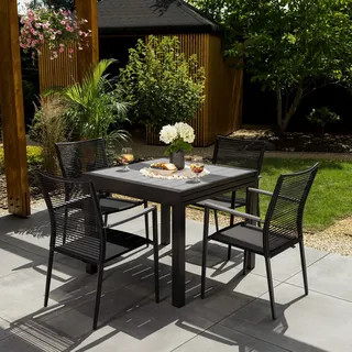 di volio Gartenmöbel PAVIA, ausziehbarer Gartentisch mit 4 Stühlen - Set, Essgruppe für 4 Personen, langlebig & wetterfest, aus hochwertigen Materialien - Schwarz, Grau