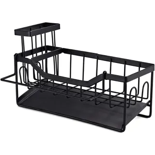VINATO Spülbecken Organizer Schwarz, Spülschwammhalter mit Abtropfschale & Handtuchhalter, Küchen Organizer zum Hängen und Stellen – 23,5 x 9 x 14 cm, Schwarz