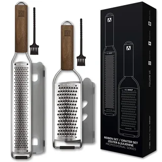 REDSALT® Premium Zester Julienne Edelstahl Reiben Set mit Walnuss Holzgriff | Raspel Küchenreibe Zitronen Ingwer Karotten Käse | Parmesanreibe Ingwerreibe Zitronenreibe Käsereibe | Profi Hobel Küche