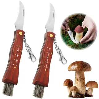 YINZZTRY Holzgriff Pilzmesser, 2 Stück Schwammerlmesser für Pilzsammler, Klappmesser mit Schlüsselanhänger, Bürste und Skala, Anwendbar auf Outdoor Pilze Sammeln