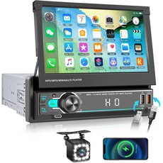 CAMECHO Autoradio 1 Din mit Bluetooth-Freisprecheinrichtung,7 Zoll Ausfahrbarem Display unterstützt Type-C Laden丨USB/AUX/TF/FM丨7 Farblichter丨Mirrorlink 丨Lenkradsteuerung+ Rückfahrkamera