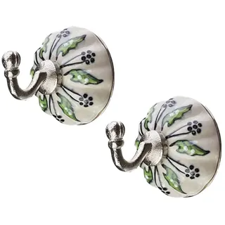 Tranquillo 2 Garderobenhaken Wandhaken Kleider-Haken Metal mit Keramikverzierung Blatt mit Vintage-Touch, Ø 6 x 9 cm