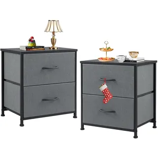 sweetcrispy Nachttisch 2er Set, Nachttisch Beistelltisch, Stoff Schubladenschrank, Schmal Schrank, Kommode Schlafzimmer, Industrial Stil für Wohnzimmer, Kinderzimmer, Flur Aufbewahrungsschrank, Grau