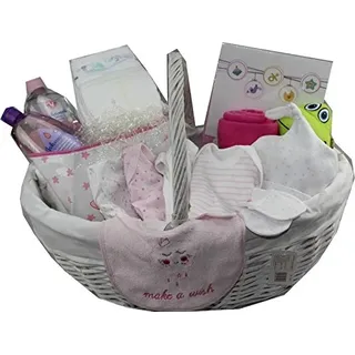 DRW - Korb - Geschenkkorb für Neugeborenes Mädchen mit Kleidung, Bad-Set und Fotoalbum