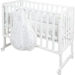 Beistellbett, Babybett, Kinderbank ROBA Safe Asleep 3-in-1 Sternenzauber, Weiß, 4 Rollen mit Bremse